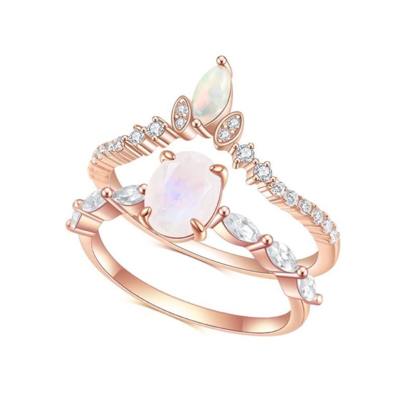 Rainbow Moonstone Opal Engagement Ring Set