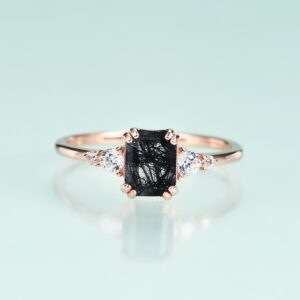 Black Rutilated Quartz ring Emerald cut