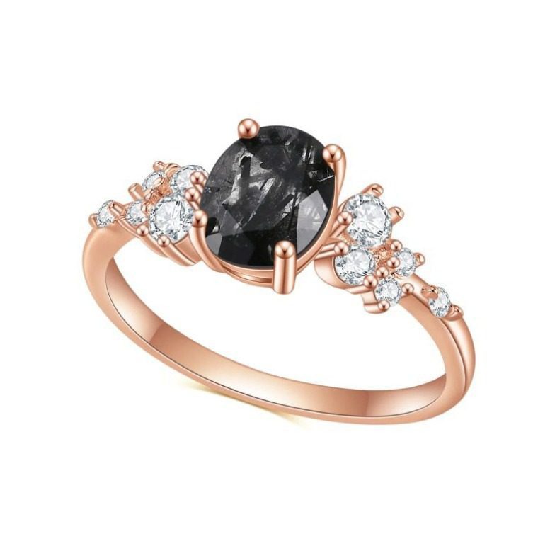 Oval Cut Natural Black Rutilated Quartz Bridal Engagement Ring
